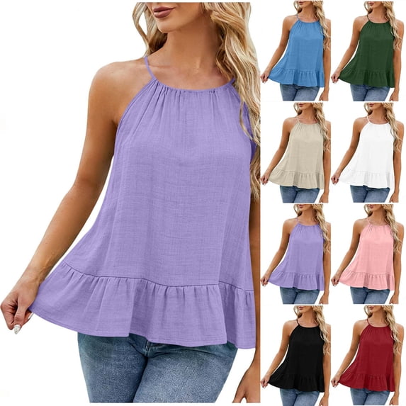 HomeDM Women's Crewneck Spaghetti Strap Tank Tops, Summer Sleeveless Shirts Ruffled Hem - Purple/L