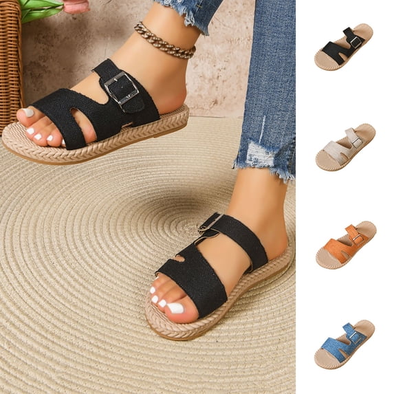 HomeDM Women's Espadrilles Flat Sandals Open Toe Slip On Summer Dressy Comfortable Slide Sandals, Black Size 6