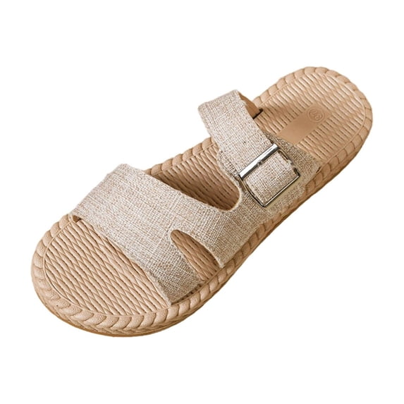 HomeDM Women's Espadrilles Flat Sandals Open Toe Slip On Summer Dressy Comfortable Slide Sandals, Khaki Size 6