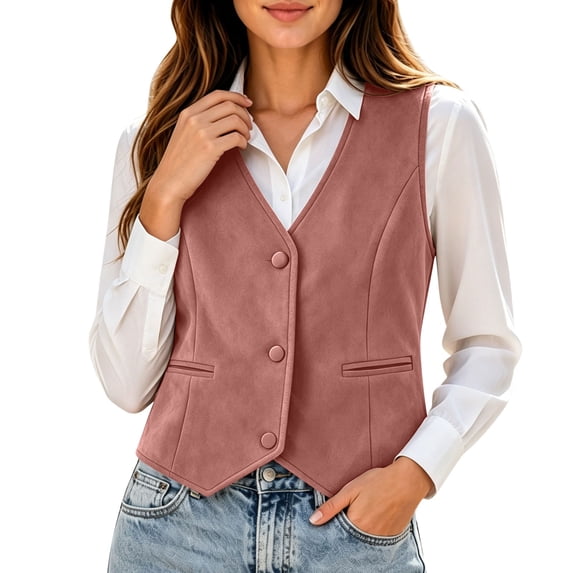 HomeDM Women's Faux Suede Vest V Neck Button Down Waistcoat with Pockets Sleeveless Jacket