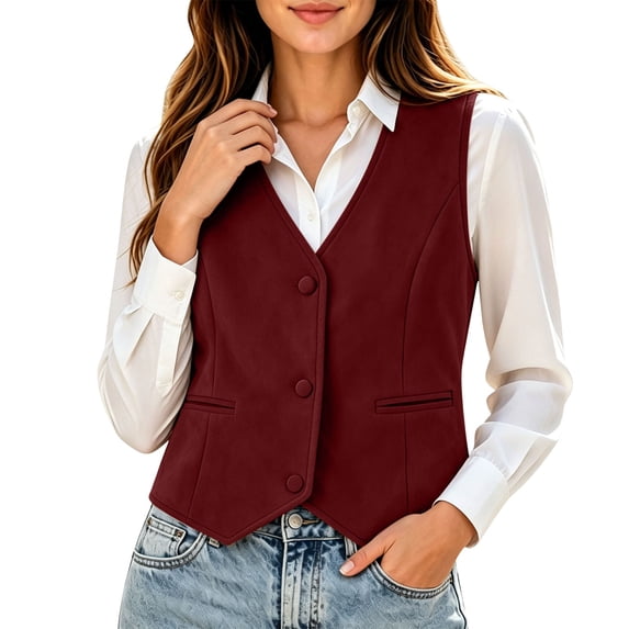 HomeDM Women's Faux Suede Vest V Neck Button Down Waistcoat with Pockets Sleeveless Jacket