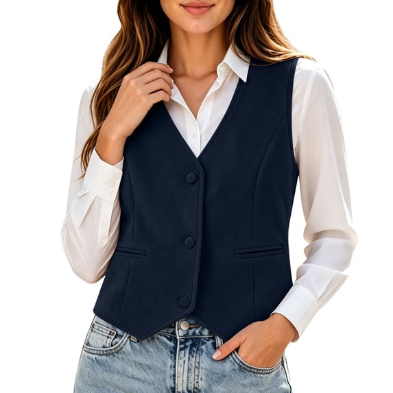 HomeDM Women's Faux Suede Vest V Neck Button Down Waistcoat with Pockets Sleeveless Jacket