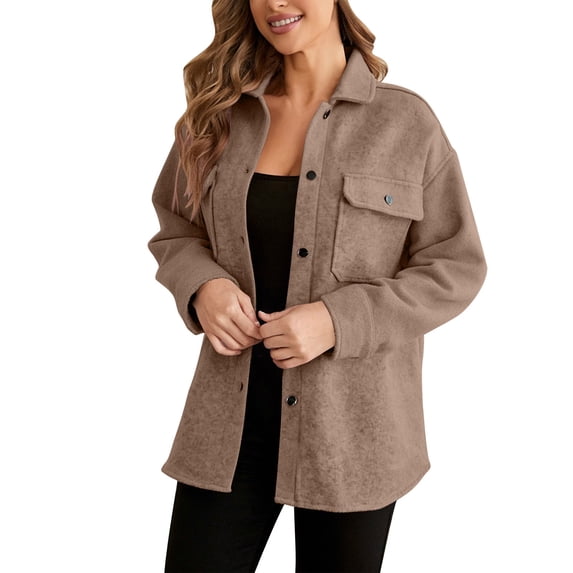 HomeDM Women's Faux Wool Trench Coat, Fall Winter Warm Mid-Length Jackets with Pockets Open Front Button Down Outerwear, Coffee