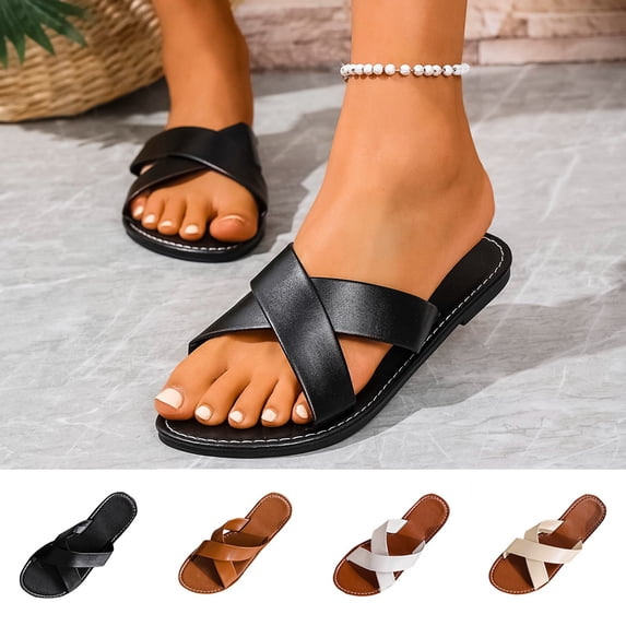 HomeDM Women's Flat Sandals Cross Strap Comfortable Open Toe Slip On Leather Slide Sandals for Summer, Black Size 5.5