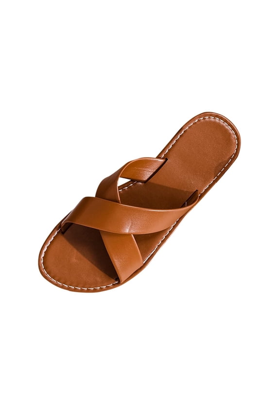 Women's Flat Sandals Cross Strap Comfortable Open Toe Slip On Leather Slide Sandals for Summer, Brown Size 5.5