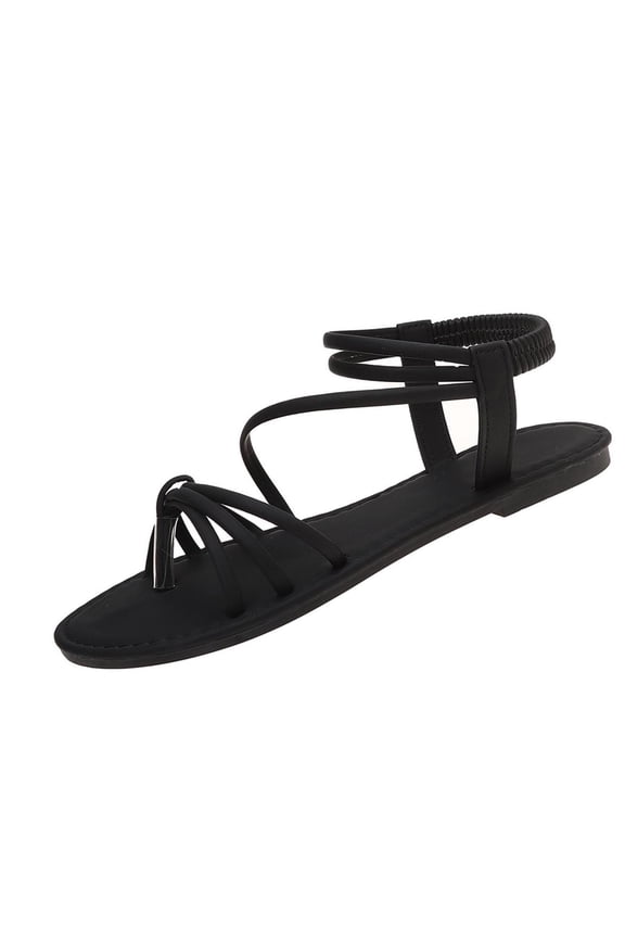 Women's Flat Sandals Cross Strap Toe Ring Dressy Elastic Ankle Strap Summer Beach Walking Sandals, Black Size 5.5