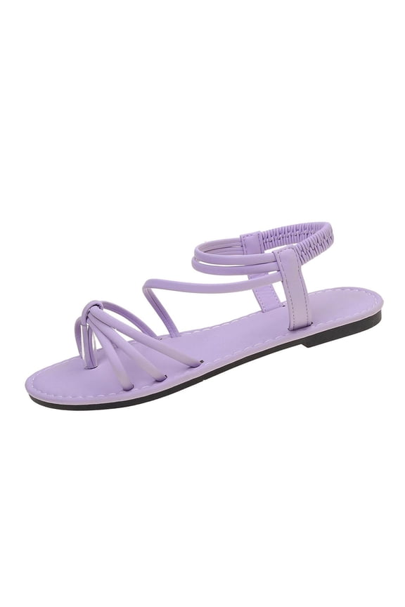 Women's Flat Sandals Cross Strap Toe Ring Dressy Elastic Ankle Strap Summer Beach Walking Sandals, Purple Size 5.5