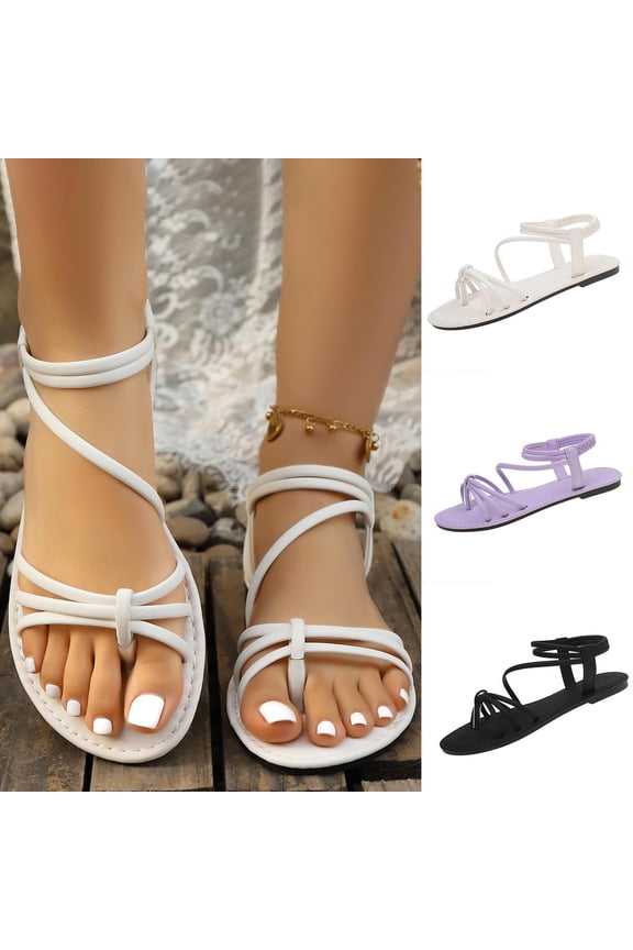 Women's Flat Sandals Cross Strap Toe Ring Dressy Elastic Ankle Strap Summer Beach Walking Sandals, White Size 6