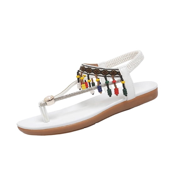 HomeDM Women's Flat Sandals Dressy Bohemian Flip Flop Casual Comfort Elastic Ankle Strap Summer Beach Sandals, White Size 5.5