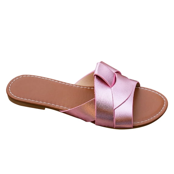 HomeDM Women's Flat Sandals Open Peep Toe Slides Dressy PU Leather Summer Comfortable Slippers, Pink Size 9