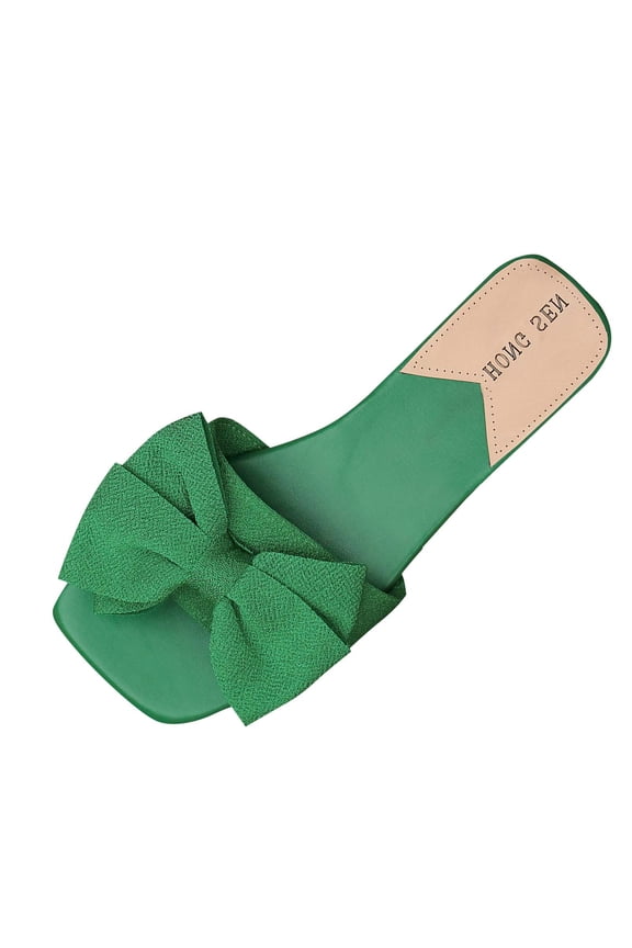 Women's Flat Sandals Open Square Toe Bow Knot Slides Slip On Slippers for Summer Beach Travel, Green Size 5.5