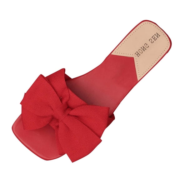 HomeDM Women's Flat Sandals Open Square Toe Bow Knot Slides Slip On Slippers for Summer Beach Travel, Red Size 6.5