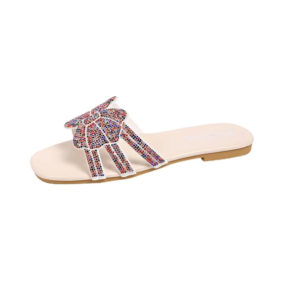HomeDM Women's Flat Sandals Sparkly Rhinestone Dressy Square Open Toe Comfortable Slide Sandals Summer Slip On Beach Sandals Size 9
