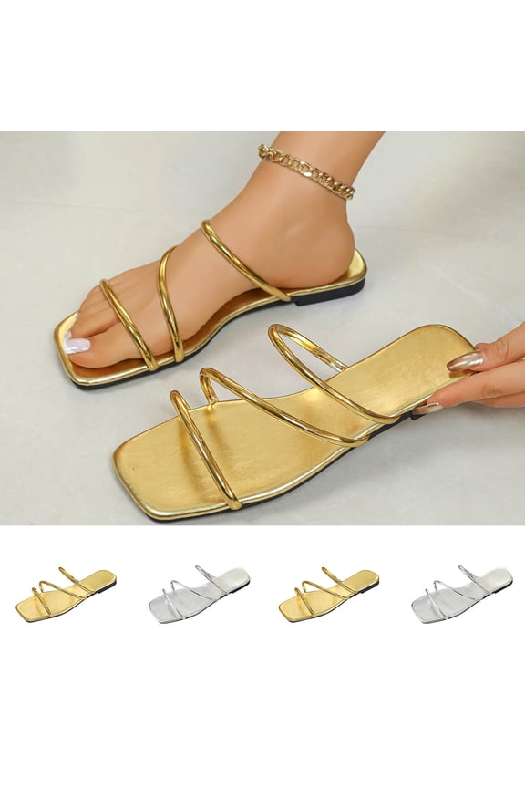 Women's Flat Sandals Strappy Square Open Toe Slide Sandals Dressy Comfortable Slip On Beach Sandals for Summer, Gold Size 7