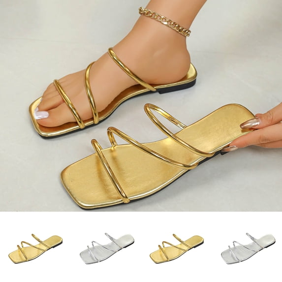 HomeDM Women's Flat Sandals Strappy Square Open Toe Slide Sandals Dressy Comfortable Slip On Beach Sandals for Summer, Gold Size 8.5