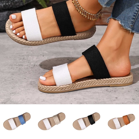 HomeDM Women's Flat Sandals Two Strap Open Toe Slide Sandals Dressy Comfortable Slip On Summer Beach Sandals, Black Size 5.5