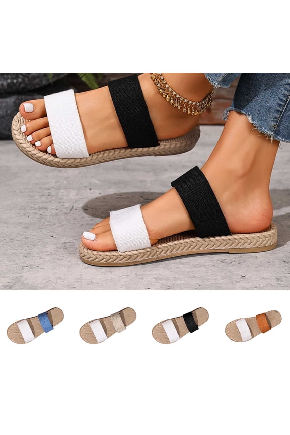 Women's Flat Sandals Two Strap Open Toe Slide Sandals Dressy Comfortable Slip On Summer Beach Sandals, Black Size 5.5