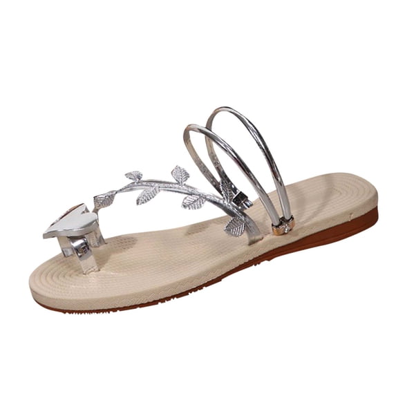 HomeDM Women's Flat Slide Sandals Strappy Toe Ring Casual Summer Slip On Flip Flops, Silver Size 5.5