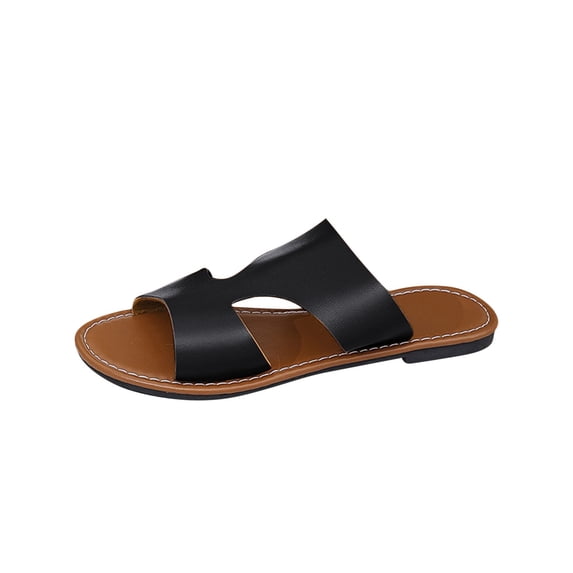HomeDM Women's Flat Slides Sandals Soft Leather Slippers for Summer Slip On Open Toe, Black Size 6.5