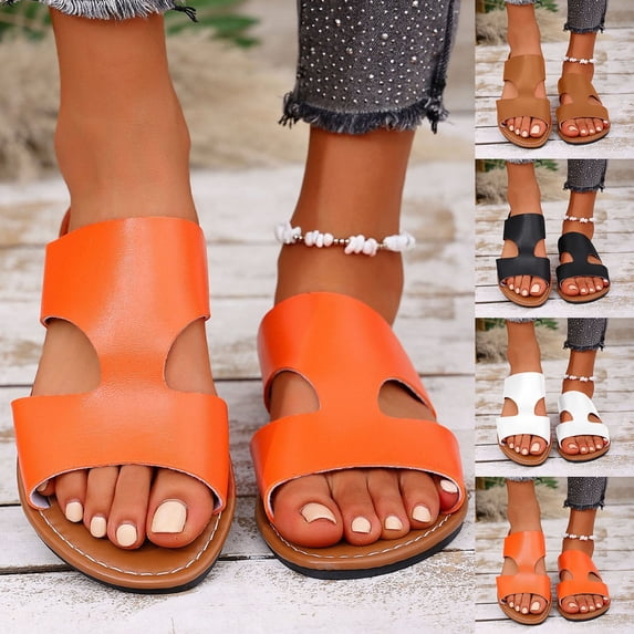 HomeDM Women's Flat Slides Sandals Soft Leather Slippers for Summer Slip On Open Toe, Orange Size 5.5