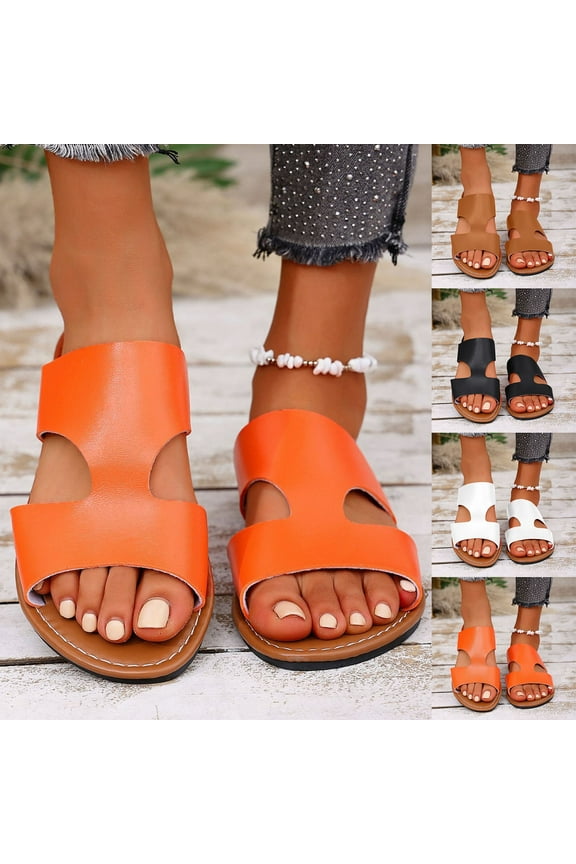 Women's Flat Slides Sandals Soft Leather Slippers for Summer Slip On Open Toe, Orange Size 9.5