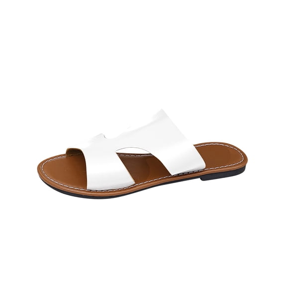 HomeDM Women's Flat Slides Sandals Soft Leather Slippers for Summer Slip On Open Toe, White Size 7
