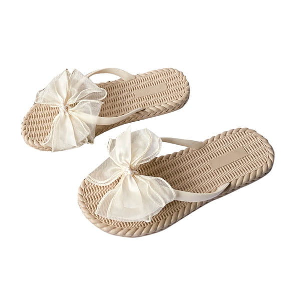 HomeDM Women's Flat Thong Sandals Dressy Bow Knot Open Toe Wedding Dress Summer Comfortable Slip On Flip Flops, Beige Size 7.5