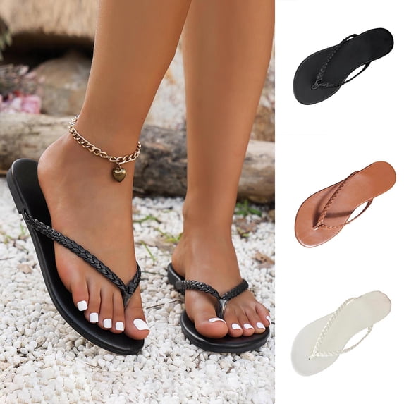 HomeDM Women's Flat Thong Sandals Slip-On Open Toe Flip-Flops Summer Travel Beach Sandals, Black Size 5.5