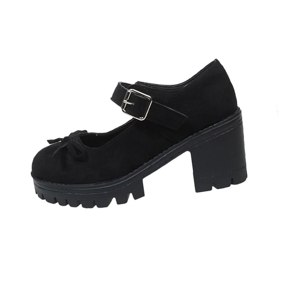 HomeDM Women's Flatform Chunky Heels Closed Round Toe Ankle Strap Dress Pumps Shoes for Wedding Party Work, Black Size 9