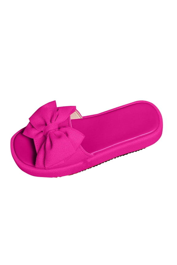 Women's Flatform Flat Sandals Open Square Toe Bow Knot Slides Slip On Slippers for Summer Beach Travel, Hot Pink Size 9