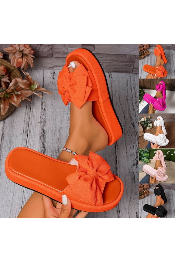 Women's Flatform Flat Sandals Open Square Toe Bow Knot Slides Slip On Slippers for Summer Beach Travel, Orange Size 5.5