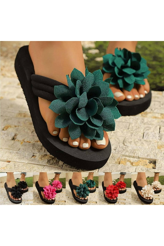 Women's Flatform Thong Sandals Slip On Comfortable Round Toe Flip Flops with Dressy Floral for Summer Beach, Green Size 5.5