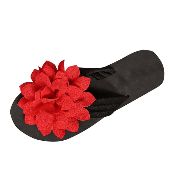 HomeDM Women's Flatform Thong Sandals Slip On Comfortable Round Toe Flip Flops with Dressy Floral for Summer Beach, Red Size 6
