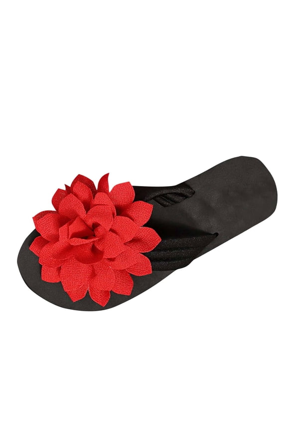 Women's Flatform Thong Sandals Slip On Comfortable Round Toe Flip Flops with Dressy Floral for Summer Beach, Red Size 7
