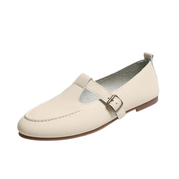HomeDM Women's Flats Loafers Round Closed Toe Slip-On Work Dress Shoes with Buckle Strap Casual Wedding Party Shoes, Beige Size 9