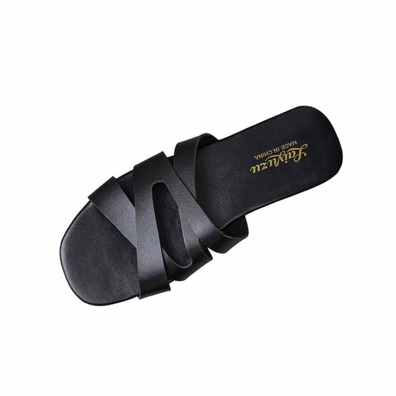 HomeDM Women's Flats Sandals Open Toe Dressy Strappy Slip On Slide Sandals for Summer Beach, Black Size 7