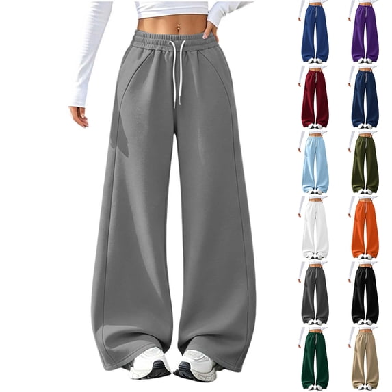 HomeDM Women's Fleece Sweatpants with Pockets Wide Leg Baggy Drawstring Lounge Pants Gray Fall Winter Trousers Size M