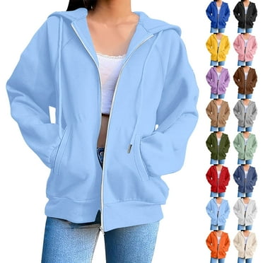 HomeDM Women's Full Zip Up Hoodie Sweatshirts Solid Color Long Sleeve Pullover Tops with Pockets Fall Trendy Hooded - Light Blue/L