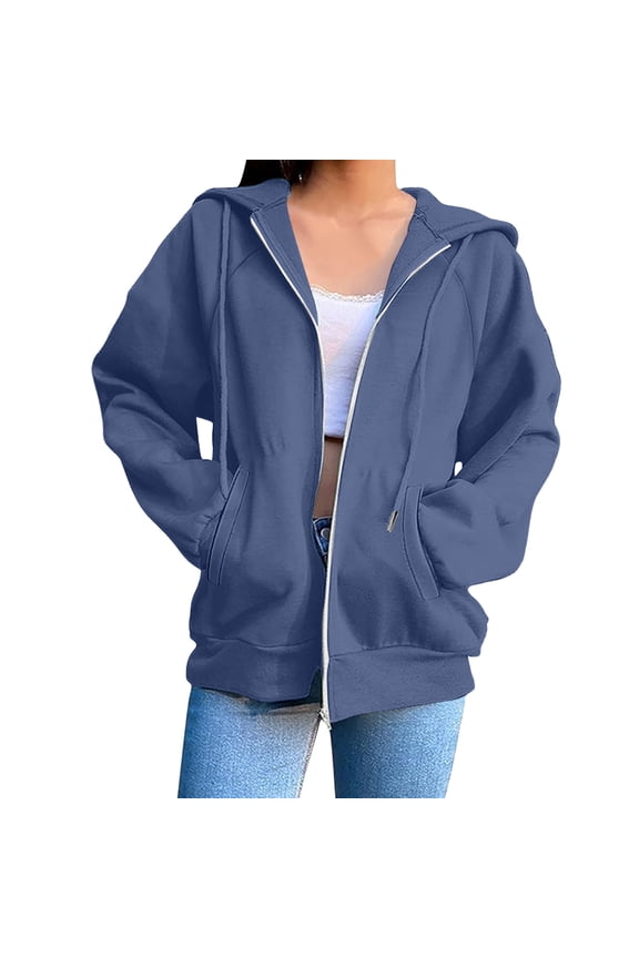 Women's Full Zip Up Hoodie Sweatshirts Solid Color Long Sleeve Pullover Tops with Pockets Fall Trendy Hooded - Navy/XL