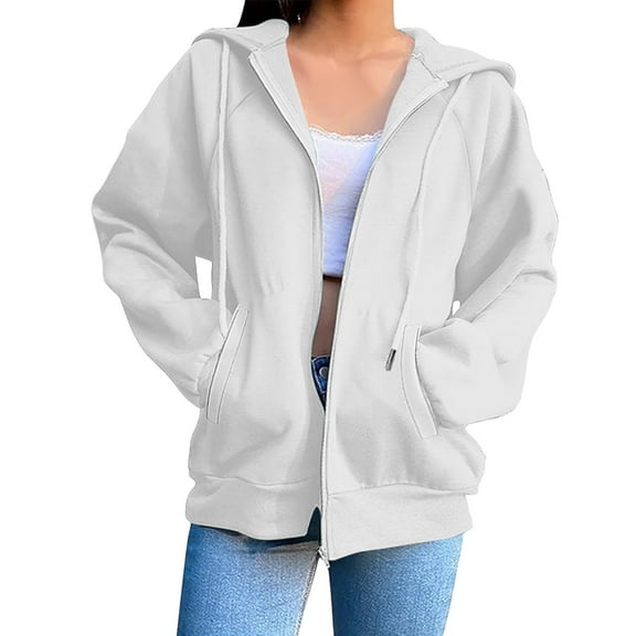 HomeDM Women's Full Zip Up Hoodie Sweatshirts Solid Color Long Sleeve Pullover Tops with Pockets Fall Trendy Hooded - White/M
