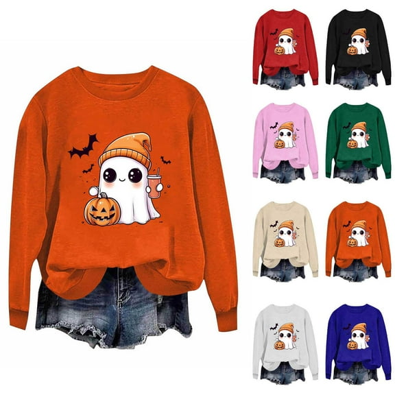 HomeDM Women's Halloween Crewneck Sweatshirts Long Sleeve Graphic Pullover Tops - Orange/XS