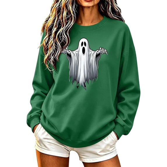 HomeDM Women's Halloween Sweatshirt Long Sleeve Ghost Pumpkin Graphic Tops Casual Fall Crew Neck Pullover