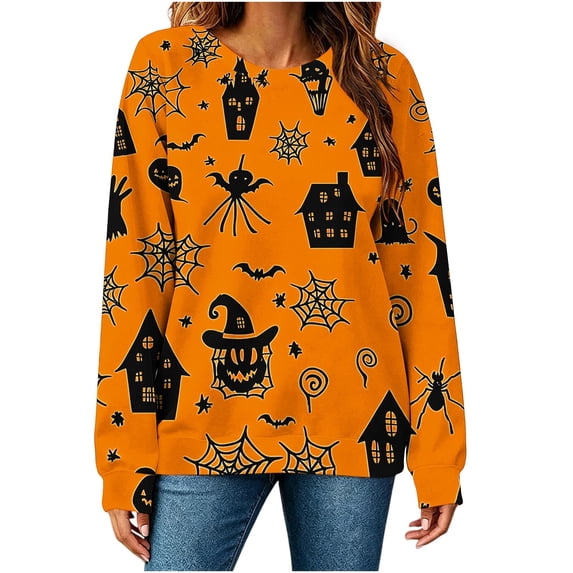 HomeDM Women's Halloween Tops Long Sleeve All-Over Print Pullover Crew Neck Holiday Casual Sweatshirt