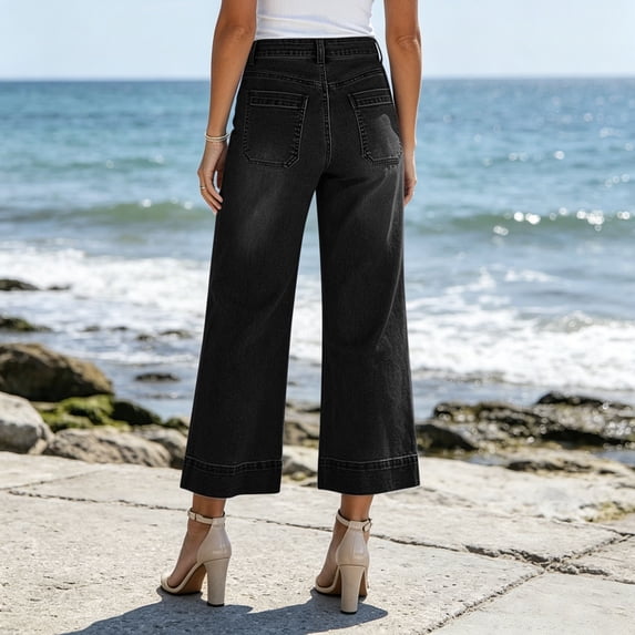 HomeDM Women's Jeans with Pockets High Waisted Straight Leg Stretchy Trendy Denim Pants Black Size S
