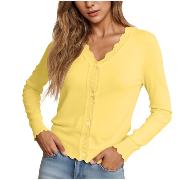 HomeDM Women's Knit Cardigan Button Down Sweaters Long Sleeve Knit Top V Neck Ruffled Lightweight Cardigans
