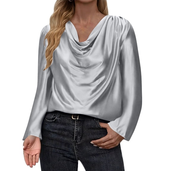 HomeDM Women's Long Sleeve Cowl Neck Shirts, Solid Color Satin Loose Fit Fall Pullover Tops - Gray/S