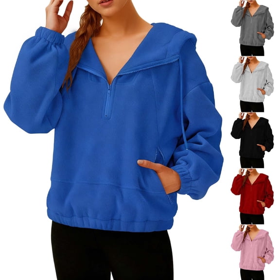 HomeDM Women's Long Sleeve Fleece Quarter-Zip Sweatshirts Cropped Hoodie Pullover Tops - Blue/2XL