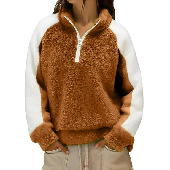 HomeDM Women's Long Sleeve Fleece Quarter-Zip Sweatshirts Fall Winter Stand-Collar Jacket Warm Pullover Tops Color Block - Brown/L