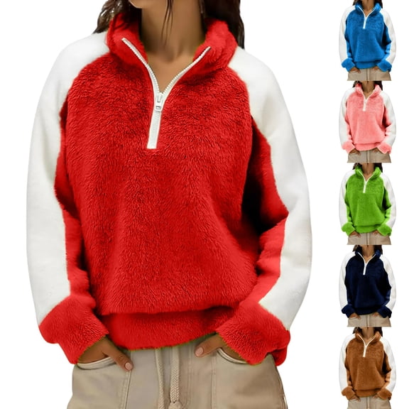 HomeDM Women's Long Sleeve Fleece Quarter-Zip Sweatshirts Fall Winter Stand-Collar Jacket Warm Pullover Tops Color Block - Red/S