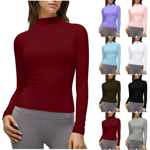 HomeDM Women's Long Sleeve Shirts, Turtleneck Solid Color Ribbed Basic Pullover Tops Fall Layer Slim Fit Tee Shirts - Wine/S